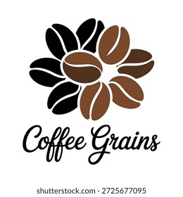 Coffee beans arranged in a flower pattern with coffee grains text
