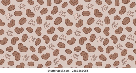 Coffee beans background in 2025 colors, mocha. Pattern, simple abstract seamless background. Coffee beans in the shape of a heart. Lettering, inscription Love for coffee. International Coffee Day.