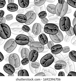 Coffee beans background. Coffee decorative seamless pattern. Great for fabric, textiles. Antique color engraving of a stylized drawing. Vector illustration.