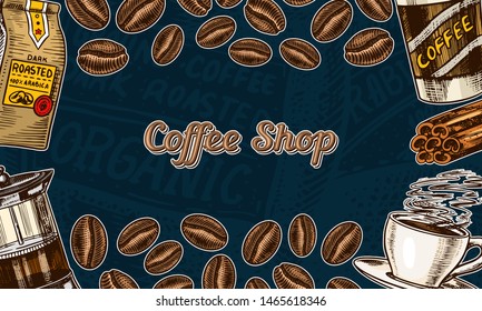 Coffee beans background in vintage style. Hand drawn engraved poster, retro doodle sketch. Cup and calligraphic inscription on dark background. Vector Template Banner.