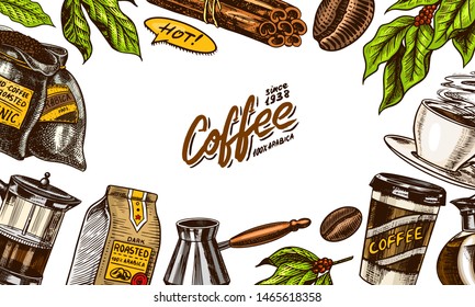 Coffee beans background in vintage style. Hand drawn engraved poster, retro doodle sketch. Cup and calligraphic inscription. Vector Template Banner.