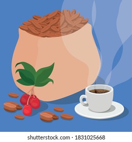 coffee beans bag cup berries and leaves design of drink caffeine breakfast and beverage theme Vector illustration