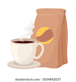 coffee beans bag and cup design of drink caffeine breakfast and beverage theme Vector illustration