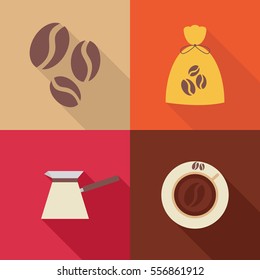 Coffee Beans, Bag, Cup and Coffee Maker Flat Icons