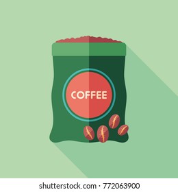 Coffee beans in a bag flat square icon with long shadows.