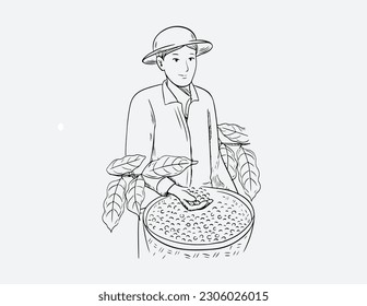 coffee beans in bag in graphic style hand-drawn vector illustration. coffee plantation landscape bag bush and coffeepot in graphic style hand-drawn vector illustration. Hipster holding a cup of hot co