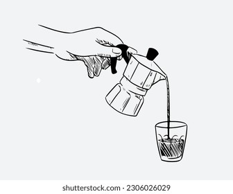 granos de café en bolso en ilustración de vector de estilo gráfico. arbusto y cafetera de la plantación de café en forma de ilustración de vectores a mano de estilo gráfico. Hipster sosteniendo una taza de co caliente