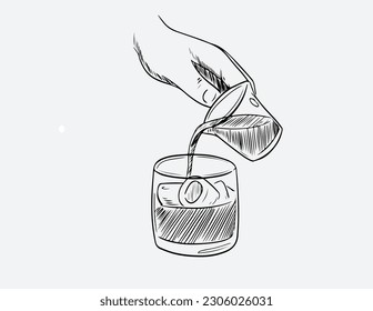 coffee beans in bag in graphic style hand-drawn vector illustration. coffee plantation landscape bag bush and coffeepot in graphic style hand-drawn vector illustration. Hipster holding a cup of hot co
