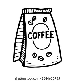 Coffee beans bag. Hand drawn doodle vector. Vacuum packaging. Ingredient for brewing a drink. Cafe menu. Beverage espresso, latte, cappuccino. Buy in store. Illustration line art element.