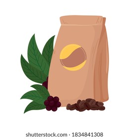 coffee beans bag with leaves design of drink caffeine breakfast and beverage theme Vector illustration