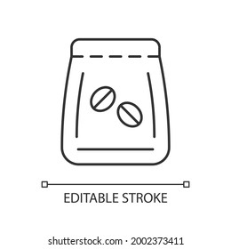 Coffee beans bag linear icon. Package for brewing espresso. Pack with roasted seeds. Thin line customizable illustration. Contour symbol. Vector isolated outline drawing. Editable stroke