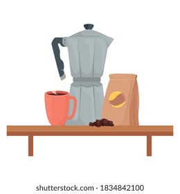 coffee beans bag moka pot and mug on shelf design of drink caffeine breakfast and beverage theme Vector illustration