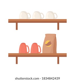 coffee beans bag mugs and cups on shelves design of drink caffeine breakfast and beverage theme Vector illustration