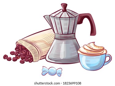 Coffee beans in bag, old-fashioned kettle, cup of cappuccino, sweet objects on white. Caffeine drink with whipped cream, pot with lid, shop elements vector