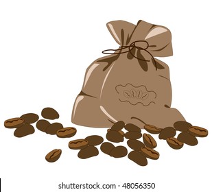 coffee beans and bag on a white background