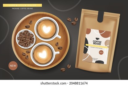 Coffee beans in a bag vector realistic. Product placment coffee cup foam top view