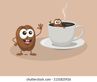 Coffee beans are bathing in a cup of coffee. Flat design style, easy to use for print and web promotion.