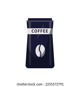 Coffee in beans blue bag mockup isolated on white. Eco packaging design for aroma drink grains. Blank package template with place for branding, presentation, advertising. Vector illustration.