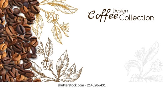 Coffee beans border  with coffee branches in engraving style on the white background.