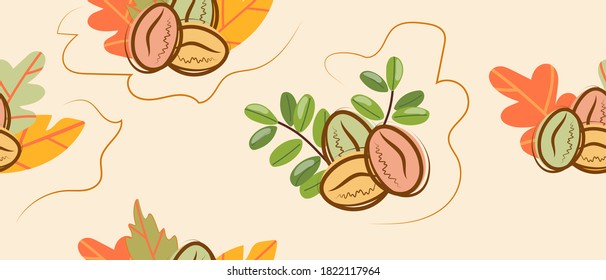
Coffee beans with a branch of mountain ash on a  light background.
Bright autumn pattern.
Vector.