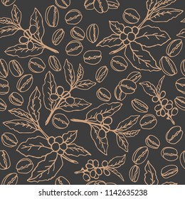 Coffee beans and branches on dark background. Seamless pattern for textile prints, gift wrap or wallpaper.
