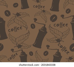 Kaffeebohnen und Äste auf dunklem Hintergrund. Nahtlose Muster für Stoffdrucke, Geschenkverpackungen oder Tapeten.