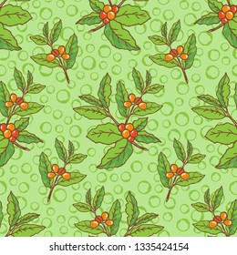 Coffee beans and branches on green background. Seamless pattern for textile print, gift wrap or wallpaper.