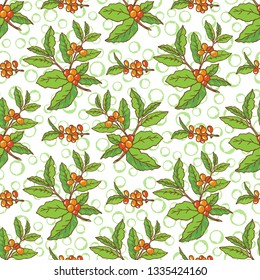 Coffee beans and branches on white background. Seamless pattern for textile print, gift wrap or wallpaper.