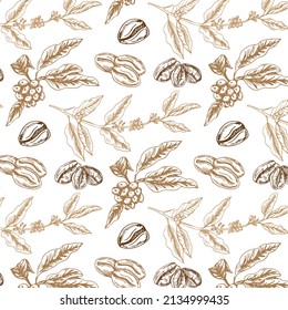 Coffee beans and branches on a white background. Seamless background for textile prints, gift wrapping or wallpapers.