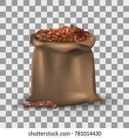 Coffee beans in brown burlap bag on the transparent effect background. Realistic illustration. Coffee beans in a sack or purse.