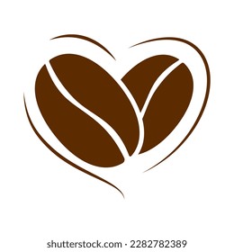 Coffee beans brown heart shape icon. Two roasted beans. Vector illustration isolated on a white background