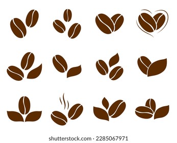 Coffee beans brown icon collection. Roasted beans with leafs. Vector illustration isolated on a white background