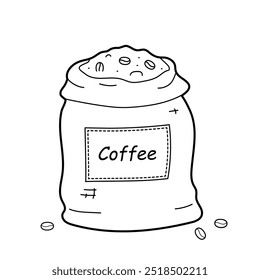 Coffee beans in burlap bag. Simple outline illustration, isolated on white background, design elements