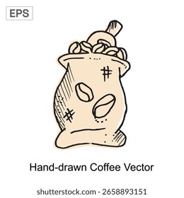 Granos de café en saco de arpillera con cuchara - estilo dibujado a mano