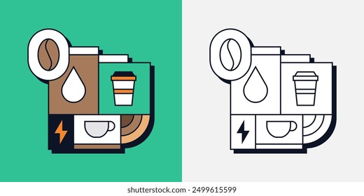 Coffee Beans Caffeine Energy Mug Cup Water Drop Breakfast Geometric Line Art Illustration