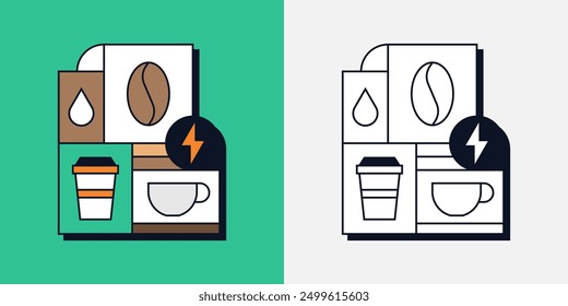 Kaffee Bohnen Koffein Energie Becher Becher Wasser Tropfen Frühstück Geometrische Linie Kunst Illustration