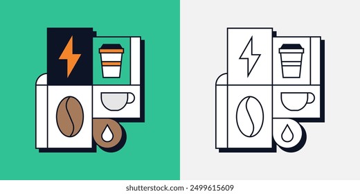 Coffee Beans Caffeine Energy Mug Cup Water Drop Breakfast Geometric Line Art Illustration