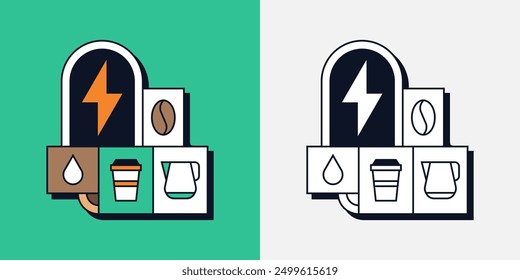 Coffee Beans Caffeine Energy Mug Cup Water Drop Breakfast Geometric Line Art Illustration