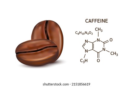 Coffee beans and Caffeine structural chemical formula. Isolated on white background. Vector EPS10 illustration. Caffeine is a central nervous system stimulant. Medical and scientific concepts.