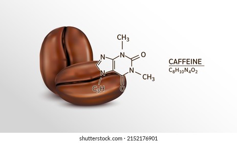 Coffee beans and Caffeine structural chemical formula. Isolated on white background. Vector EPS10 illustration. Caffeine is a central nervous system stimulant. Medical and scientific concepts.