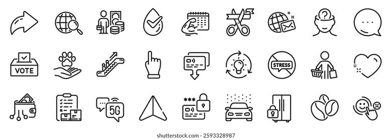 Coffee beans, Card and Dermatologically tested line icons pack. Share, Message, Paper plane icons. Stop stress, Digital wallet, Cut ribbon web icon. Vector
