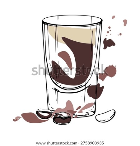Coffee beans, chocolate, cream caramel or stout beer shot, dark espresso base and froth top, vector ink outline. Isolated illustration hand drawn for bar icons, Irish drink menu, modern cafe branding.