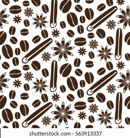 Coffee beans, cinnamon and vanilla pattern
