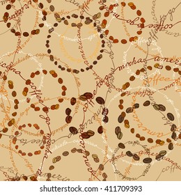 Coffee beans circles and coffee calligraphy circles. Seamless pattern background. Espresso, cappuccino, americano calligraphy handwritten texture, fabric packaging, wrapping paper, menu, cafeteria.