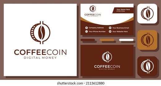 Coffee Beans Coin Investment Crypto Currency Finance Vector Logo Design with Business Card