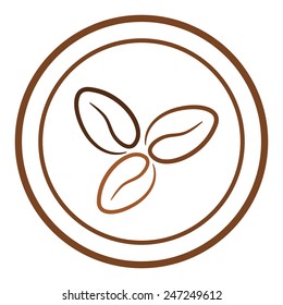 Coffee beans collection icon or web button. brown and black color simple curl outline design of three cafe bean in circle frame, vector art image illustration, isolated on white background, eps10