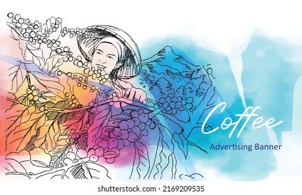 Coffee Beans With Colorful Watercolor. Coffee Plant And Car Air Style Picker Background For Banners And Brochures