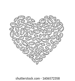 Coffee beans composition heart shaped. Vintage vector black engraving illustration isolated on white background. Hand drawn design element for label and poster