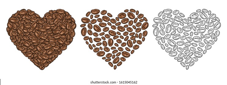 Coffee beans composition heart shaped. Vintage vector color engraving illustration isolated on white background. Hand drawn design element for label and poster