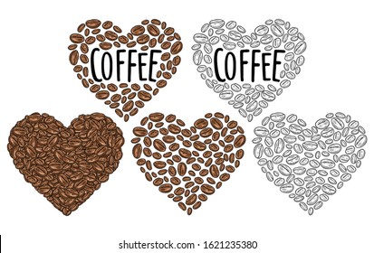 Coffee beans composition heart shaped. Vintage vector color engraving illustration and handwriting lettering isolated on white background. Hand drawn design element for label and poster